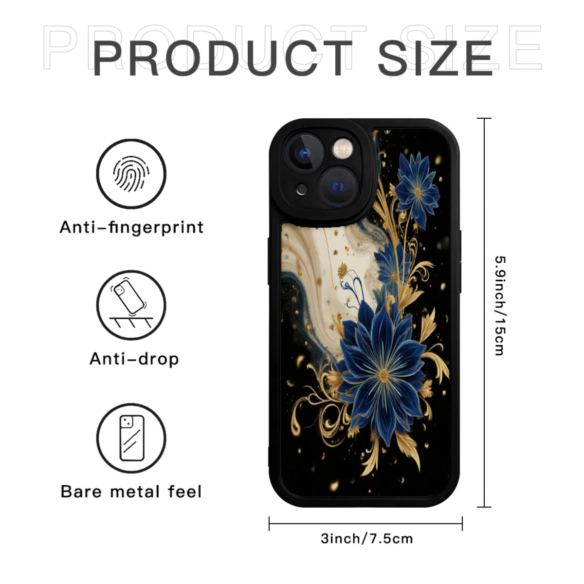 Floral Phone Case Black Blue Gold Flower Pattern For Iphone X To Iphone 16 Pro Max Fashion Protective Cover For Daily Use And Gift