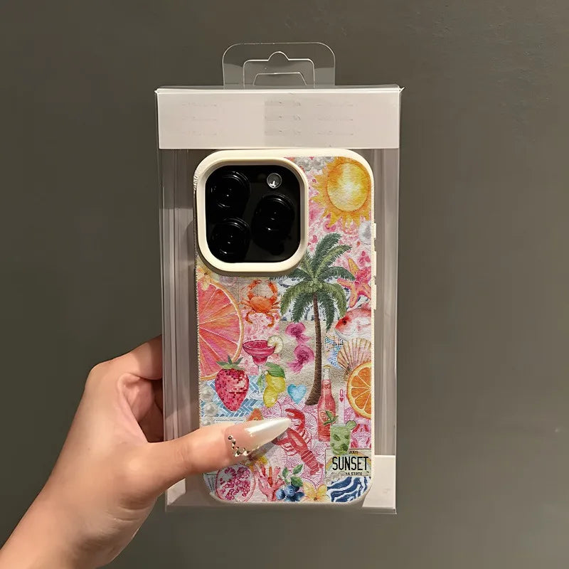 Summer Beach Party Collage Pattern Lychee Texture Phone Case For iPhone 11 12 13 14 15 16 17 Pro Max 14 15 Plus 17Air Soft Cover