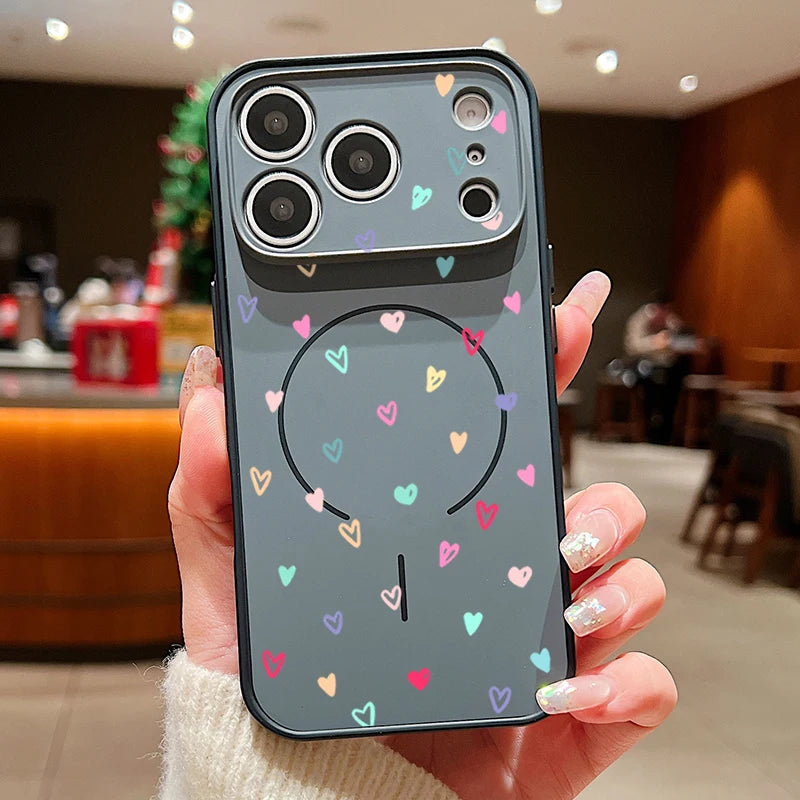 Colorful Heart Print Magnetic Phone Case For iPhone 17 Pro Max 16 15 14 13 Pro Max For Magsafe Wireless Charge TPU Hard PC Cover
