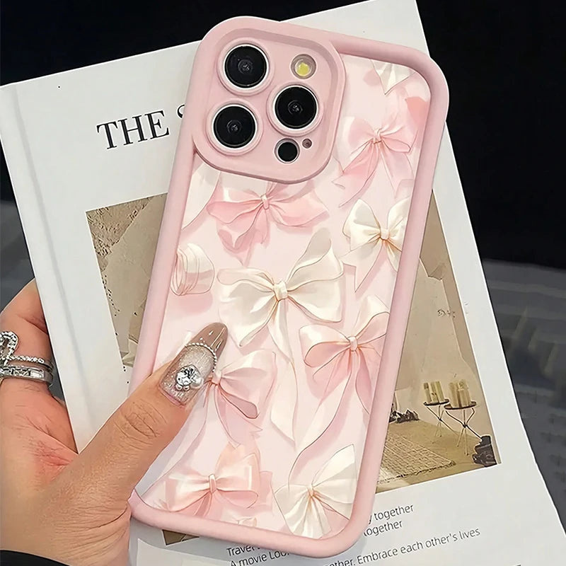 Bow-Knot Pink Bow Pattern Shockproof Soft TPU Phone Case For iPhone 11 12 13 14 15 16 Pro Max XS X XR 7 8 Plus 16E SE 2022 Cover
