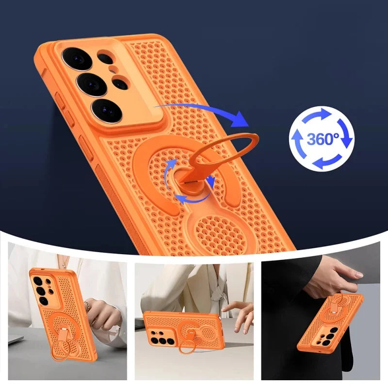 360° rotating bracket magnetic phone case for Samsung Galaxy S26 S25 S24 S23 FE Plus Ultra breathable shockproof bumper cover