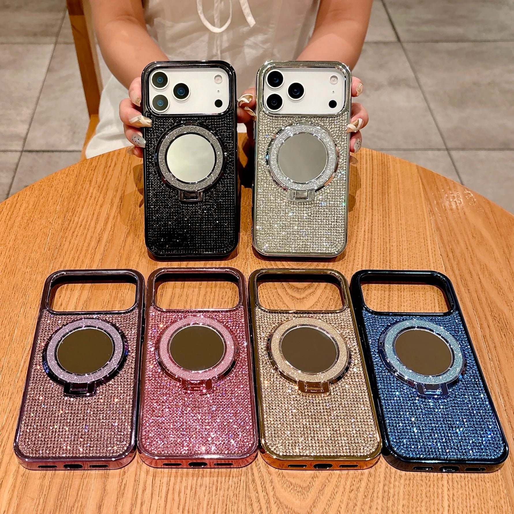 Plating Glitter Make UP Mirror Bracket Cover For iPhone 17 Air 16 15 14 Plus 11 12 13 17 Pro Max For Magsafe Diamond Phone Case