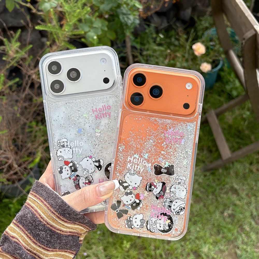 Cute Cartoon Sanrio Hello Kitty Bling Glitter Liquid Quicksand Phone Case For iPhone 17 16 15 14 13 Pro Max Clear Hard Cover