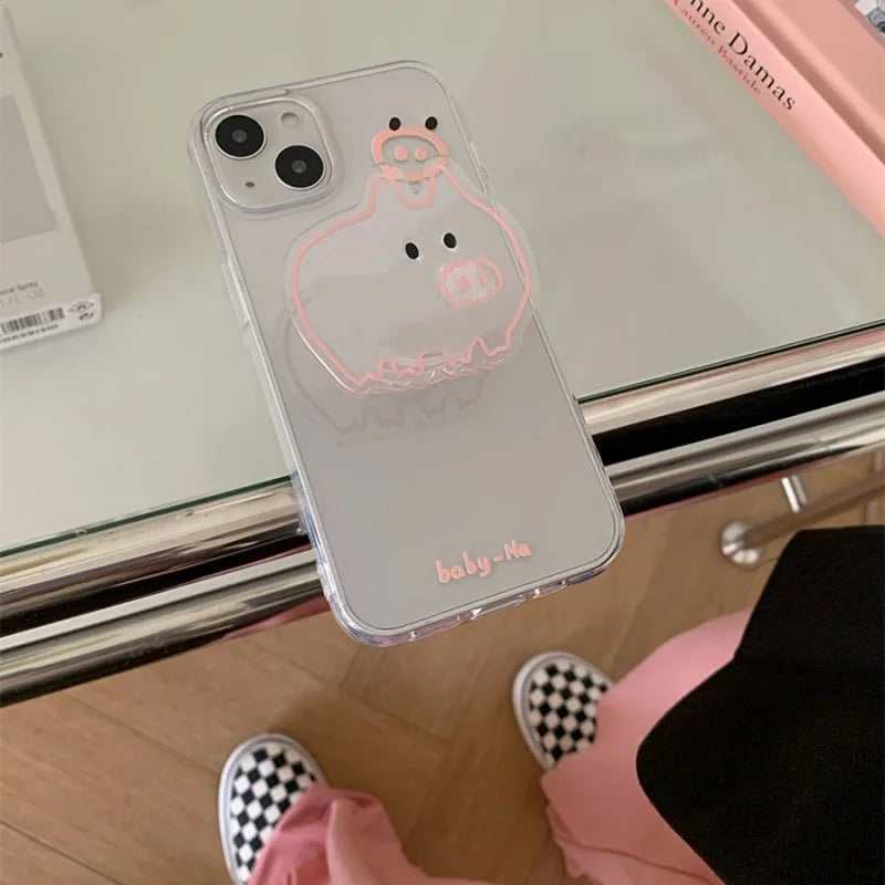 Korean Cute Cartoon Linear Pigle Grip Tok Griptok Phone Holder Stand Support For iPhone 15 Samsung Universal Accessoriess Holder