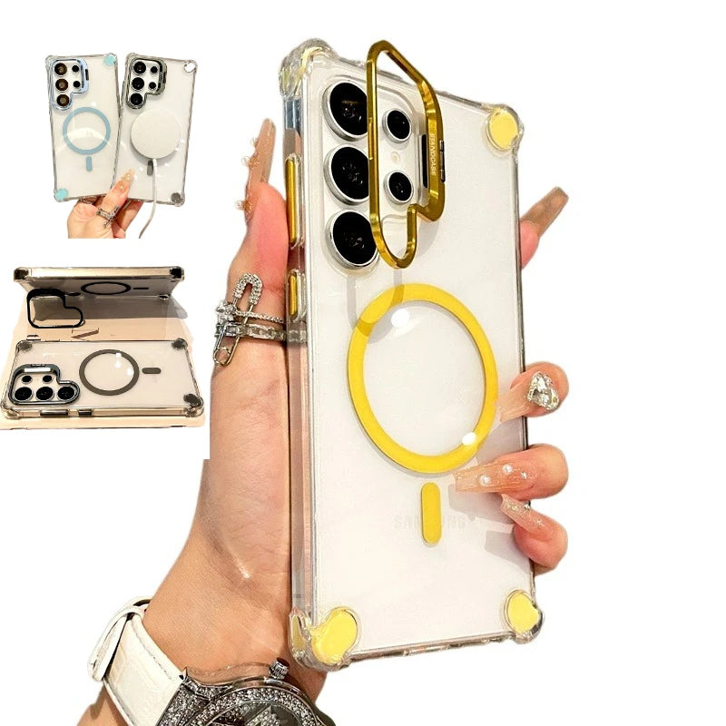 Luxury Transparent Case For Samsung Galaxy S25 S24 S23 S22 Ultra Plus A17 A56 A36 A16 A26 FE For Magsafe Magnetic Stand Cover
