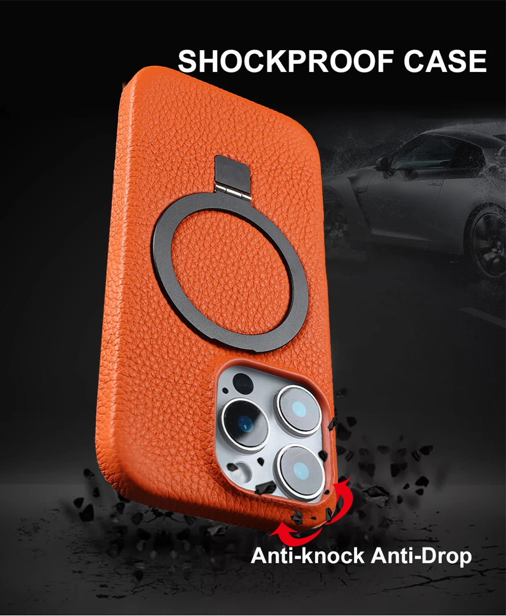 Magnetic Bracket Ring Lychee Genuine Leather Case For iphone 16 17 Pro Max 16e Air 14 15 Plus 7 8 12 13 Mini XS Phone Back Cover