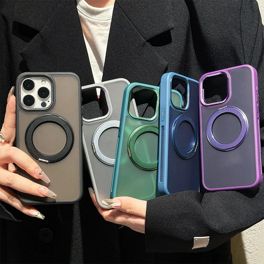 360° Rotate metal bracket magnetic charging phone case for iPhone 16 15 14 13 12 11 Pro Max Titanium gray magsafe hard cover
