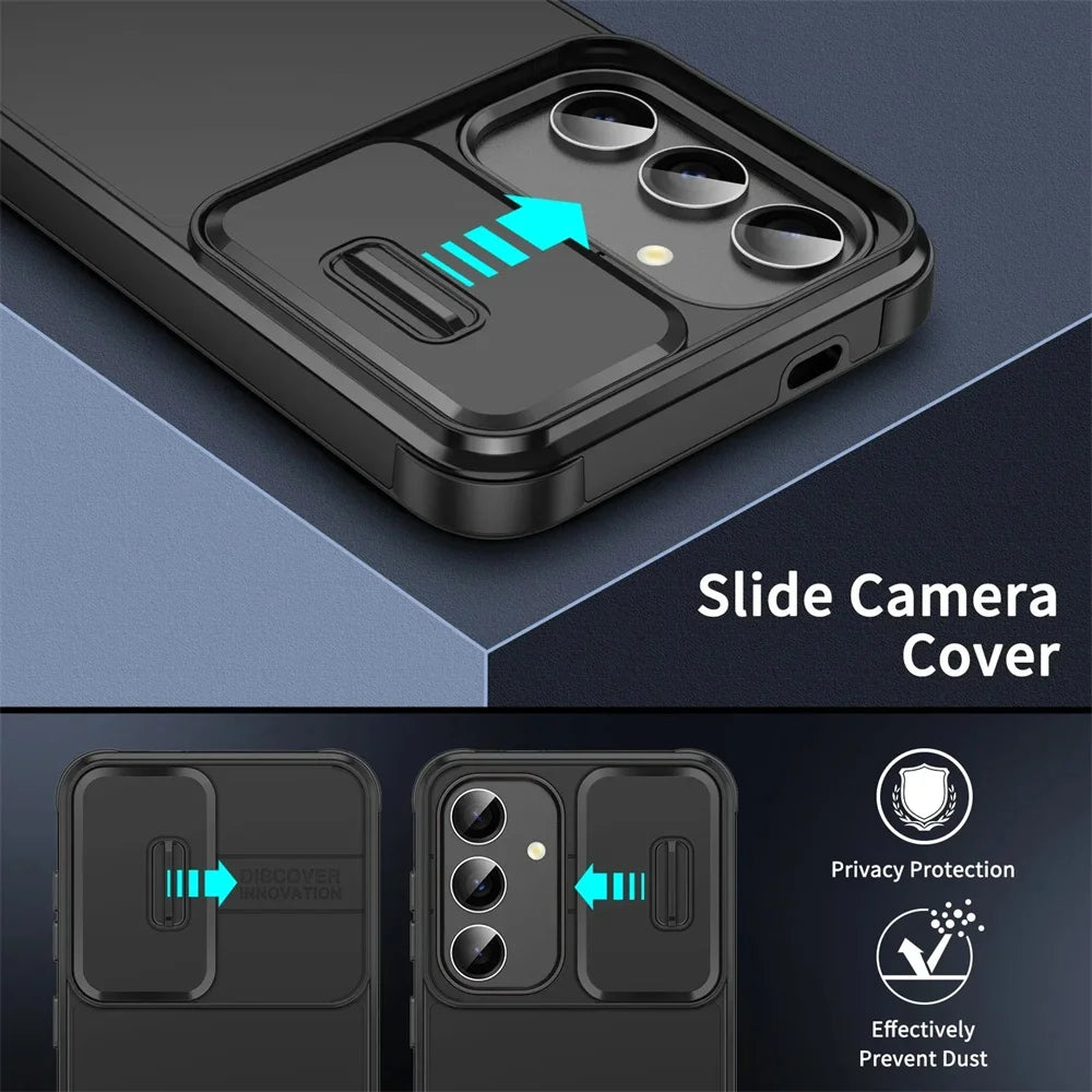 Slide Camera Lens Protection Case For Samsung Galaxy S25 S24 S22 S23 Ultra Plus Note20 A53 A33 Solid Color Armor Shockpoof Cover