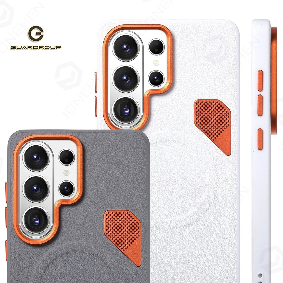 Orange Vent Magnetic Suction Ring Lens Heightening Case For Samsung Galaxy S24 Plus S25 S26 Ultra PU Leather Cover For Magsafe