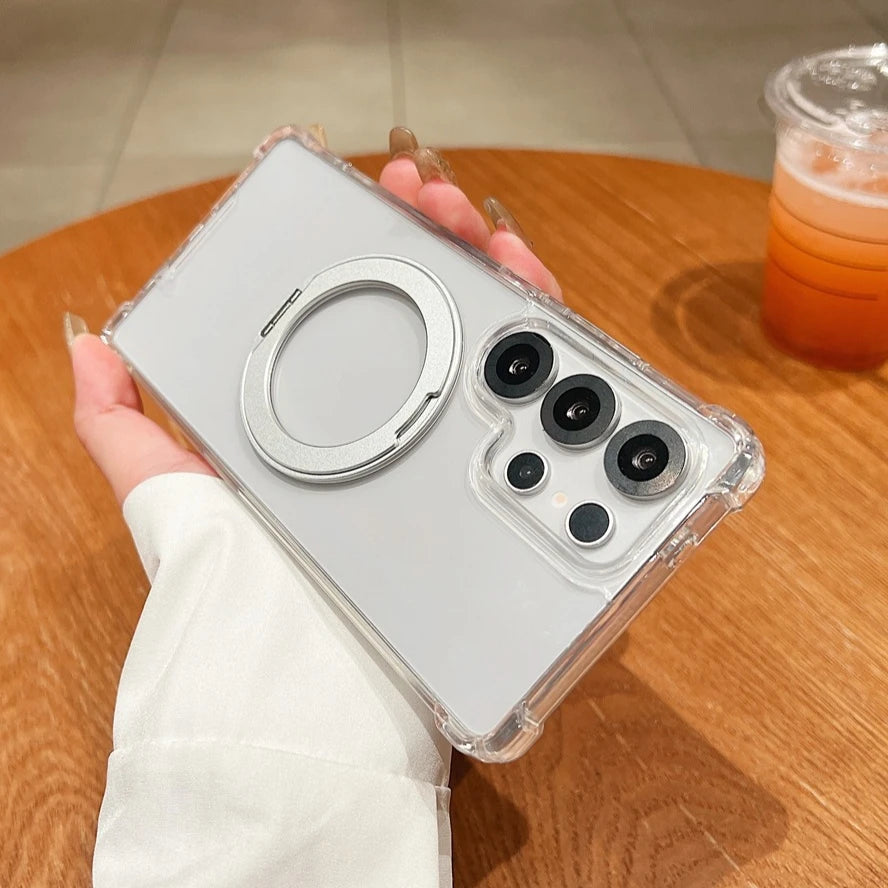 For Samsung Galaxy S26 S25 S24 FE S23 S22 Ultra Plus 360 Rotating Bracket Magnetic Case for A35 A55 A56 Transparent Airbag Cover