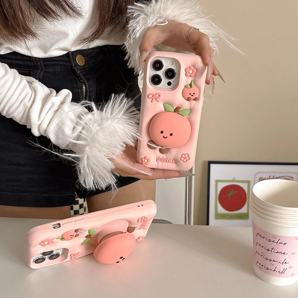 Kawaii Summer Fruit Floral Peach Bracket Soft Silicone Case Stand Holder Shockproof Cover for iPhone 17 16 15 14 13 12 Pro Max