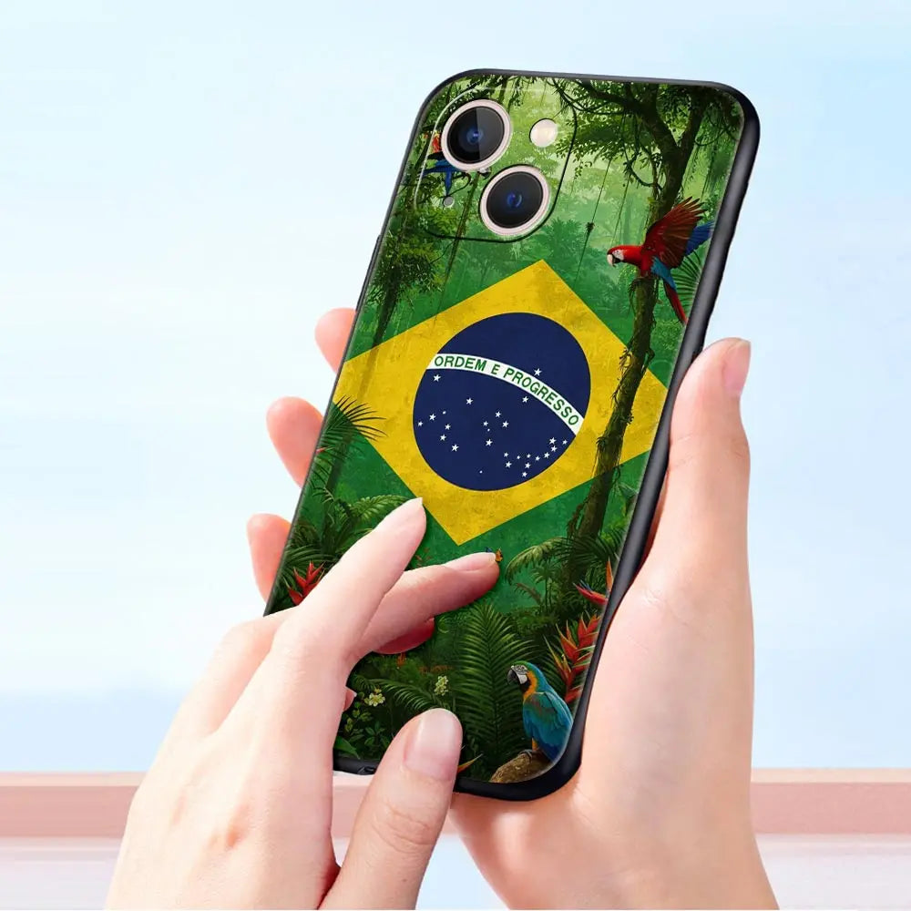 Large Brazil Flag Luxury Phone Case For iPhone 17 Air 16 Plus 13 15 14 12 11 Pro MAX 7 8 SE Soft TPU Black Cover