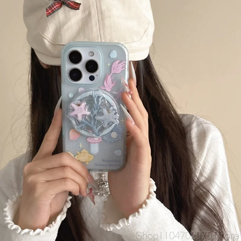 Korean Cute Cartoon Coral Rotate Star Magnetic Phone Holder Stand Griptok Grip Tok Support for IPhone 17 for Magsafe Accessories