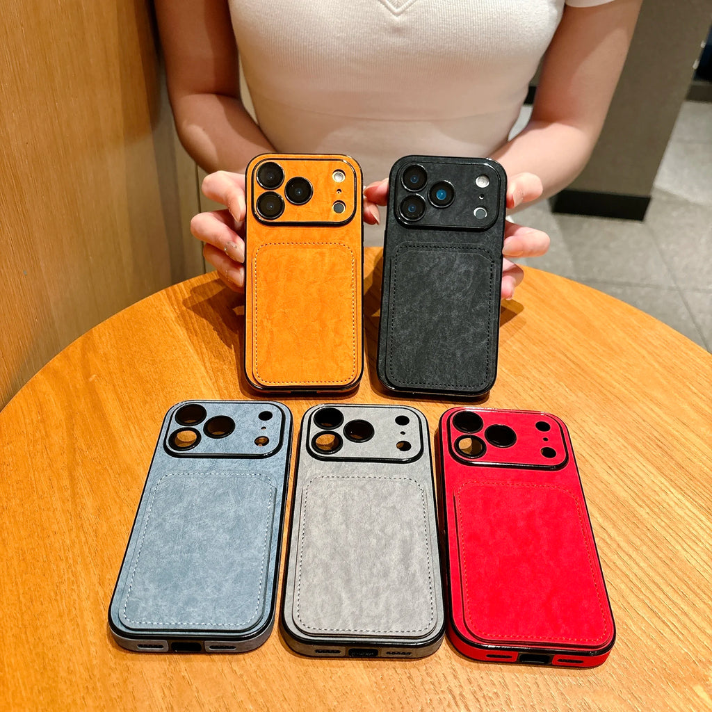 Shockproof Uneven Leather Card Holder Case For iPhone 17 Pro Max 16 15 14 13, Slim Window View Built-in Camera Protection Cover