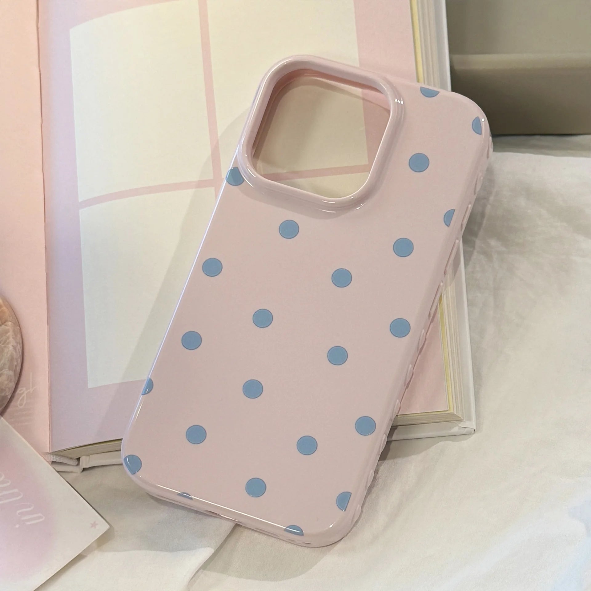 Korean Simple Full Screen Pink Blue Polka Dots Soft Phone Case For iPhone 16 15 14 13 12 17 Pro Max Shockproof Protective Cover