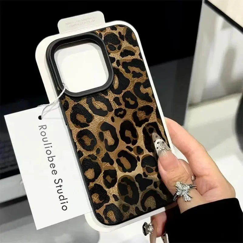 INS Brown Leopard Print Phone Case For Samsung Galaxy S25 FE S24 S23 S22 S21 S20 S25 S10 Ultra Plus S24 FE Casing Lichee Pattern