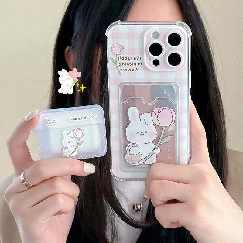 Cartoon Cute Rabbit Bear Card Holder Slot Bag Clear Phone Case For IPhone 17 Air 16 15 14 12 11 Pro Max 13 Mini Plus Soft Cover