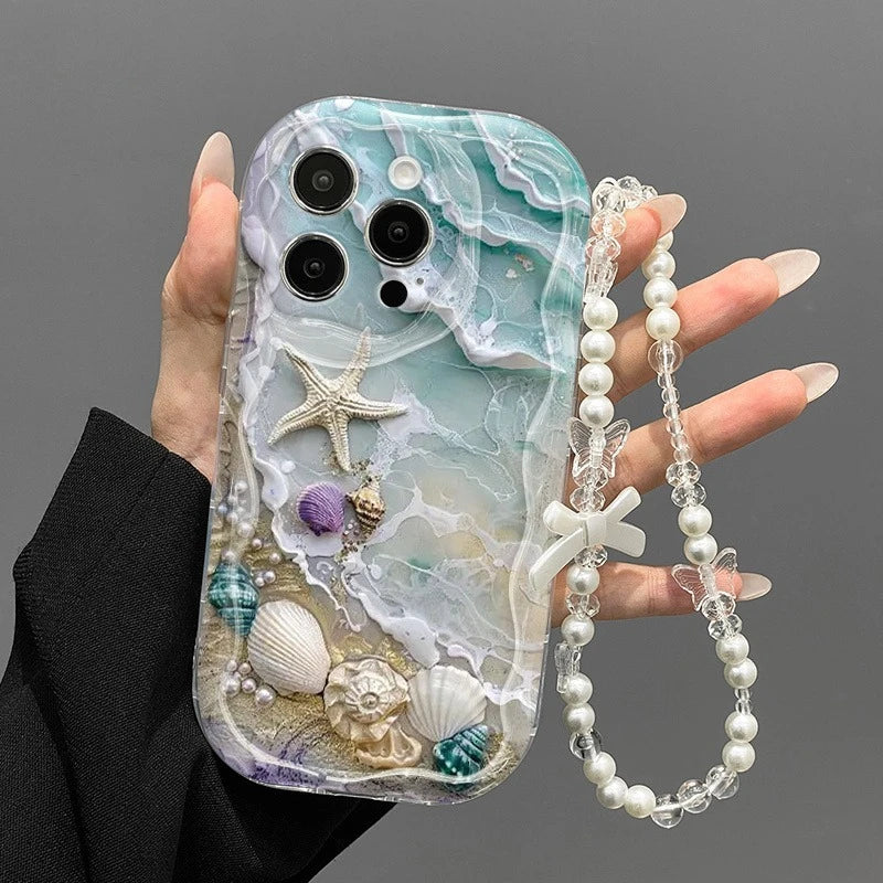 Beach Seashell Starfish Pattern Phone Case For iPhone 17 16 15 14 13 12 11 Pro Max 16E 17E With Lanyard Clear Wavy-edge Cover