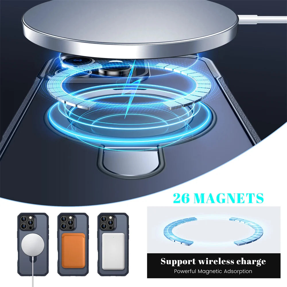 For Magsafe Wireless Charge Fold Magnetic Stand Phone Case For iPhone 15 16 17 Pro Max 16E 14 13 12 11 Anti-slip Bumper Cover