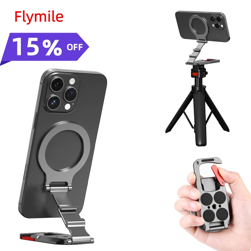Flymile Magnetic Phone Holder Carabiner Mount for iphone 17 16 15 14 Accessories Handle Tripod Adapter Compatible with MagSafe