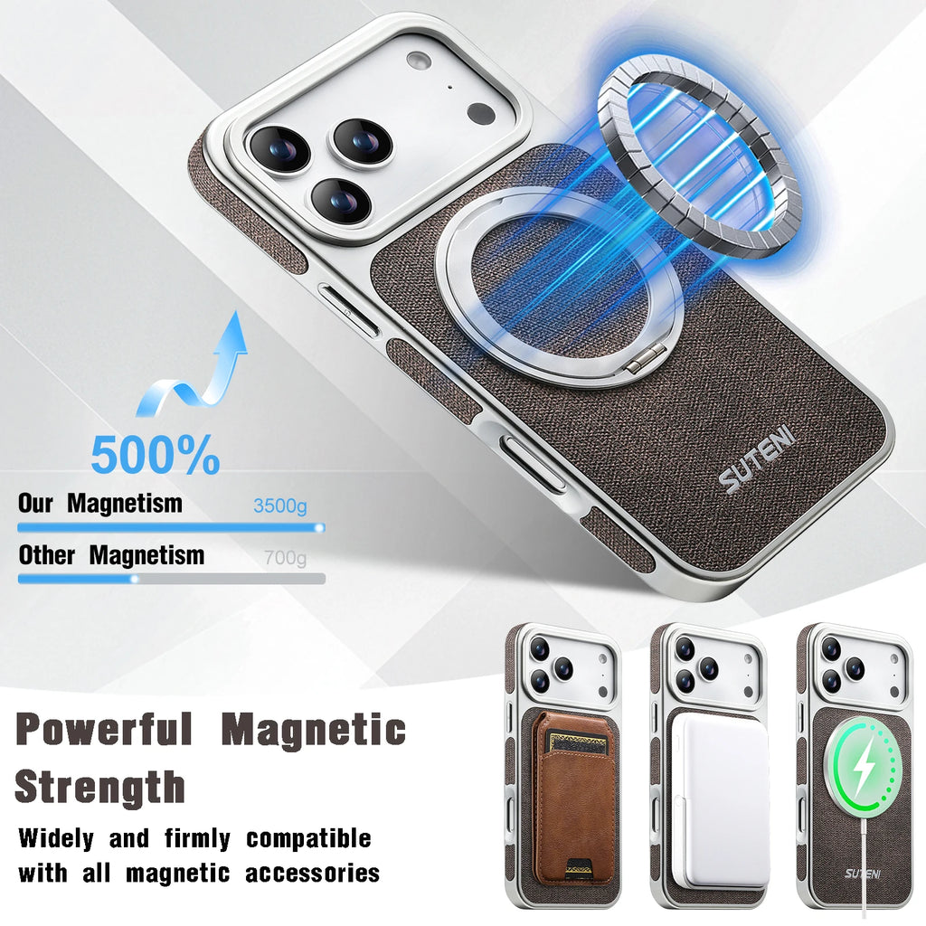 SUTENI Faux Leather Magnet Wireless Charging Phone Case 360° Rotating Stand Ring Buckle Frosted Feel For iPhone 17 Pro Max 16 15