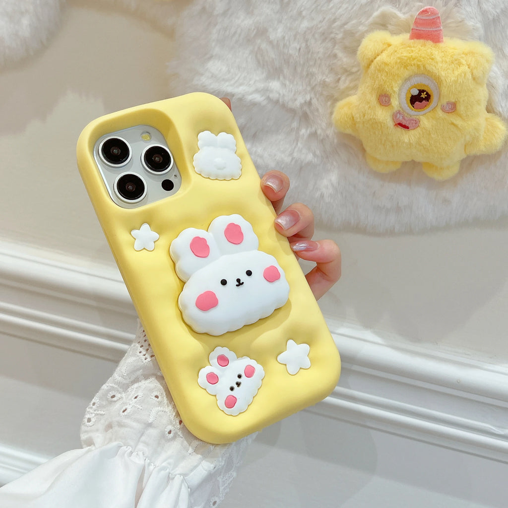 3D Animal Cartoon Rabbit Silicone Phone Case for iPhone 16 15 14 13 12 Pro Max 11 Soft Cover with Wrist Strap&Folding Holder