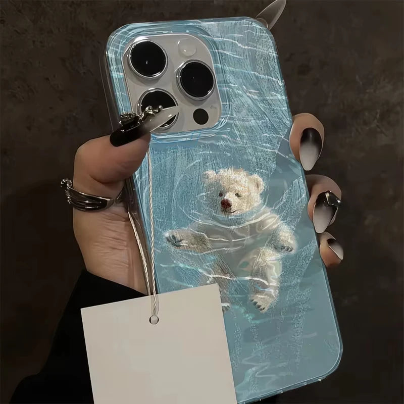 Summer Fresh Cute Swimming Bear Cartoon Creative Kawaii Phone Case For iPhone 17 16 15 14 13 12 11 Pro Max 7 8 Plus Y2K Cover