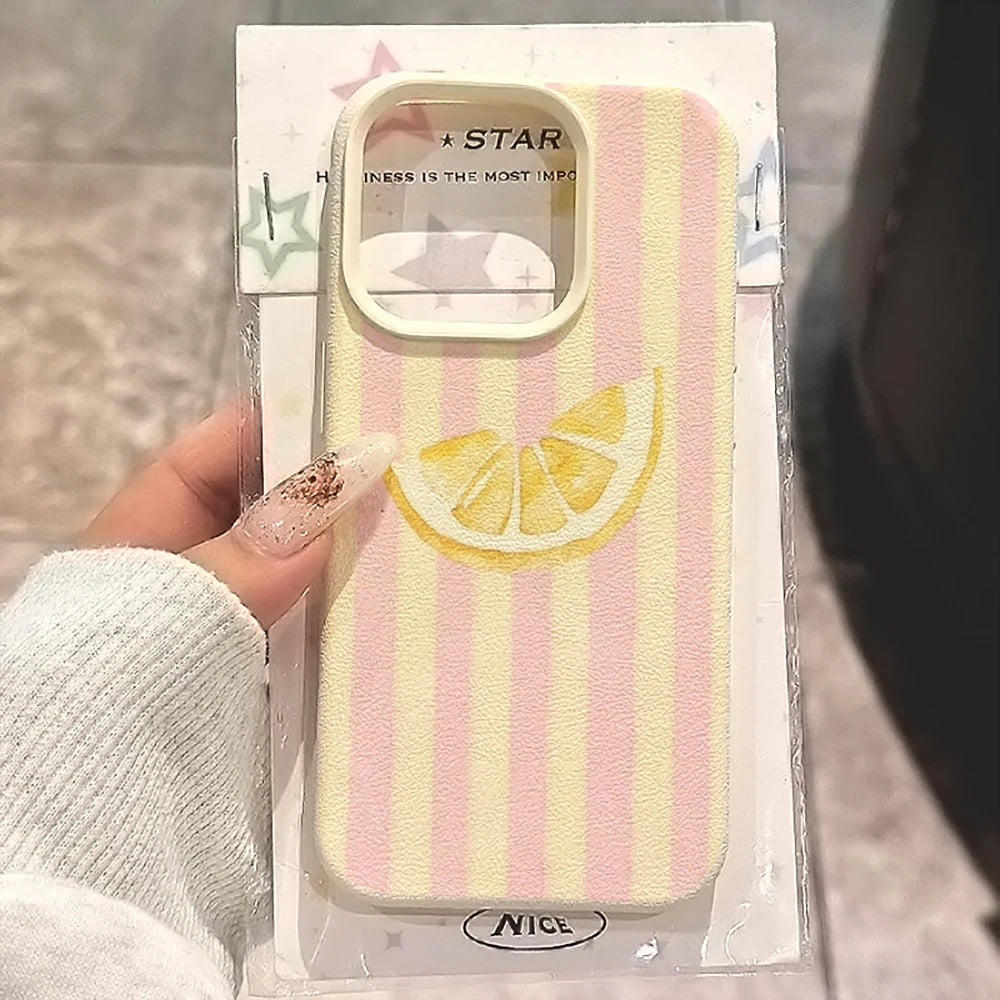 Fresh Lemon Striped Phone Case For iPhone 17 16 15 14 13 12 11 Pro Max For iPhone Air 16 15 14 Plus XR XS X Lychee Soft Cover
