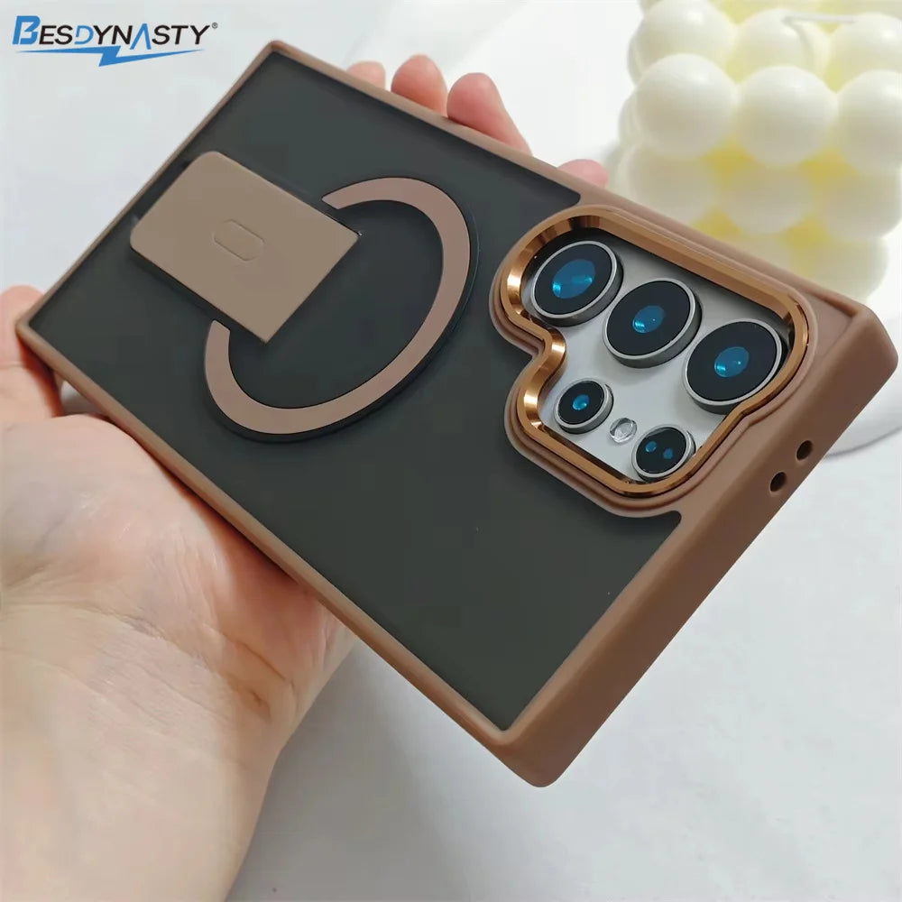 Luxury Folding Stand Magnetic Phone Case For Samsung S26 S25 S24 S23 Ultra Plus S25edge S25FE S24FE Matte Translucent Back Cover
