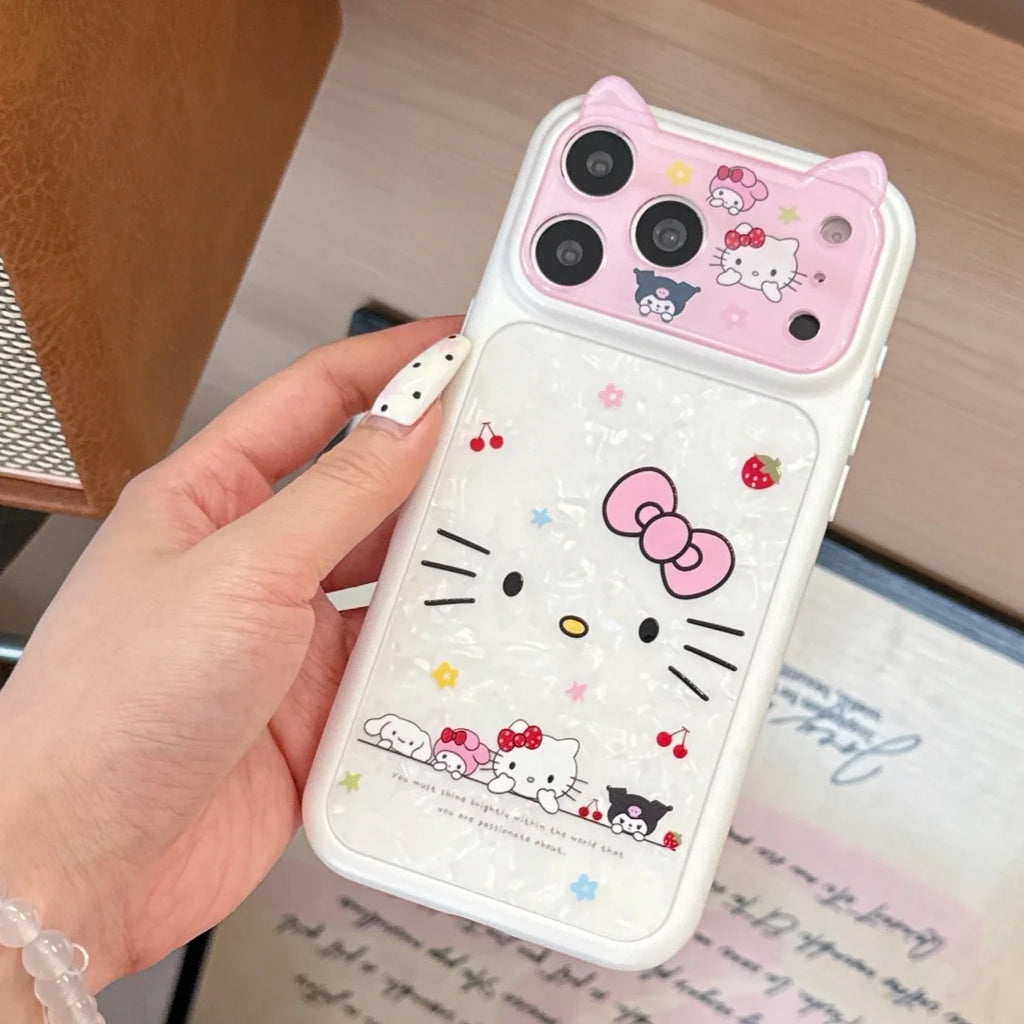 Cartoon Cat's ears Sanrio KT Shockproof Phone Case For iphone 17 16 15 Pro Max 17 Pro Luxury Lens Protective Acrylic Back Cover