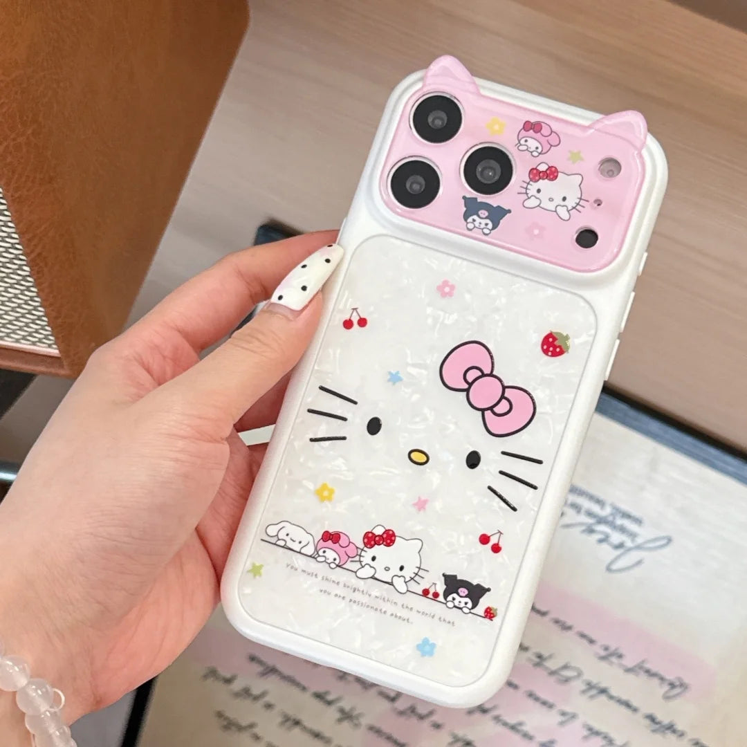 Cartoon Cat's ears Sanrio KT Shockproof Phone Case For iphone 17 16 15 Pro Max 17 Pro Luxury Lens Protective Acrylic Back Cover