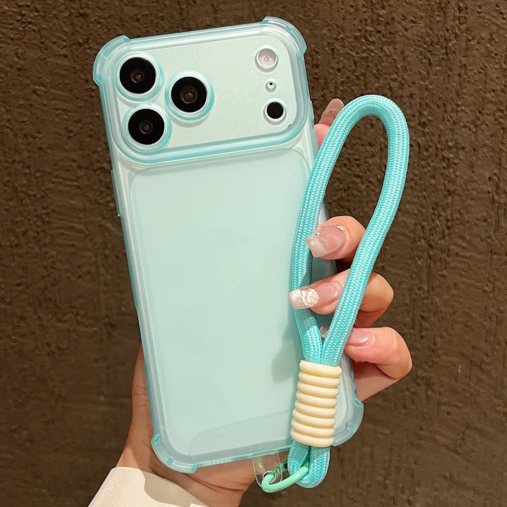 Luxury Matte Transparent Shockproof Protective Phone Case For iPhone 17 16 15 14 13 12 11 Pro Max Hand Wrist Strap Lanyard Cover
