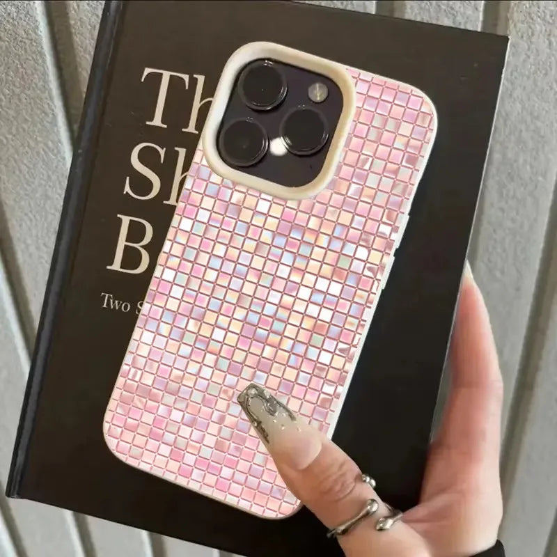 Shimmer Pink Iridescent Mosaic Grid Phone Case For iPhone 17 16 15 14 13 12 11 Pro Max Glitter Contrast Frame Cover For Ladies
