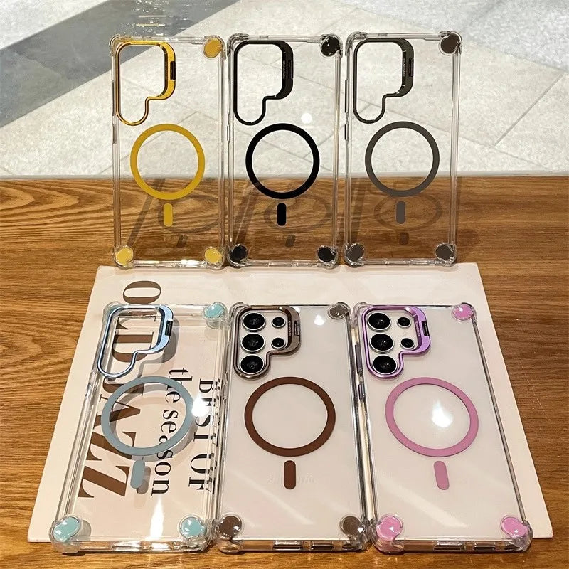Alloy Camera Stand Case for Samsung Galaxy S26 S25 S24 S23 S22 Ultra Plus FE A56 A16 A26 A17 Cover Clear Magnetic Mag-safe Shell