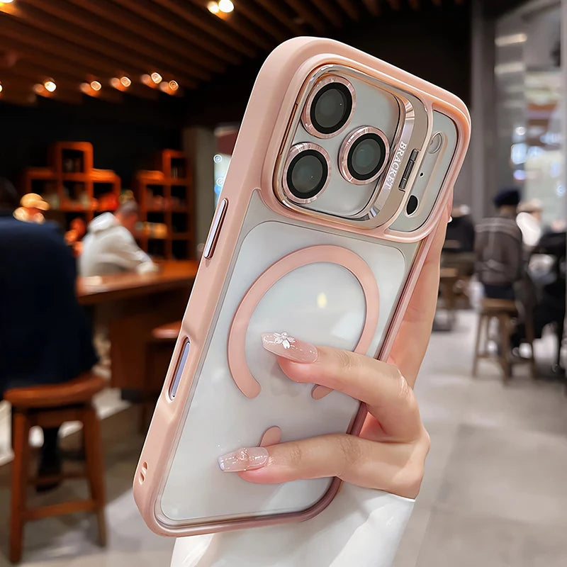 Luxury Matte Translucent Armor Shockproof For Magsafe Bracket Case For iPhone 17 16 15 14 13 12 Pro Max 17 Wireless Charge Cover