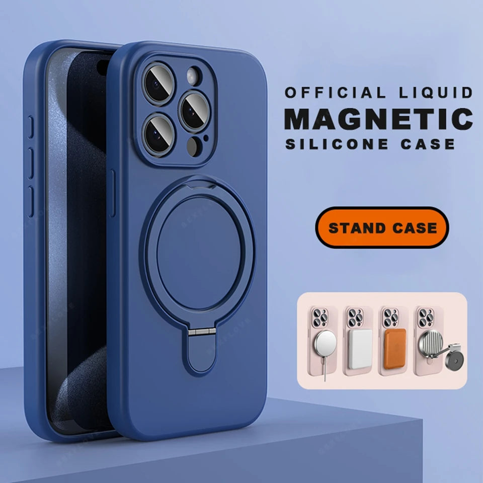Magnetic Liduid Silicone Phone Case For iPhone 17 Air 14 15 16 Pro Max Magsafe Ring Holder Stand Shockproof Protector Cover