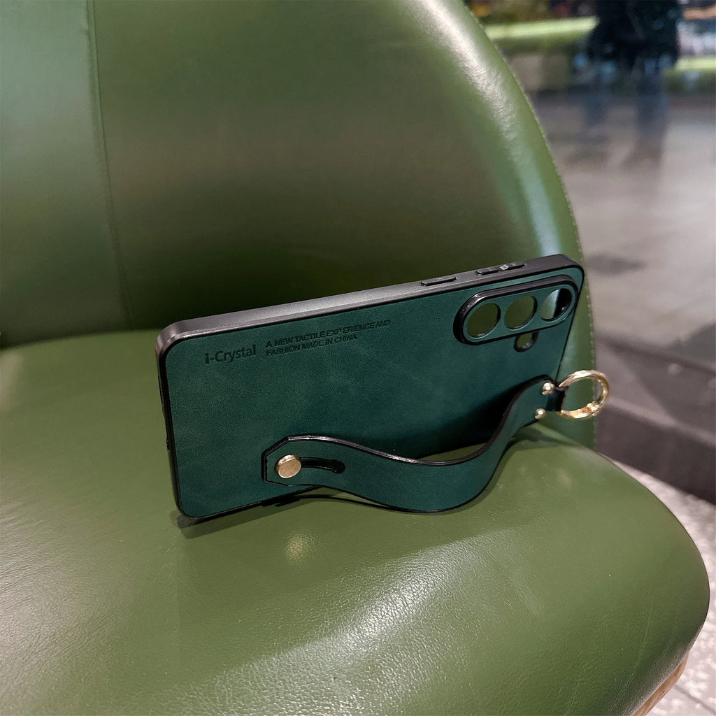Luxury Matte Sheepskin Leather Wrist Strap Holder Phone Case For Samsung S26 S25 S23 S24  S21 S22 Ultra Plus Lens Protect Cover