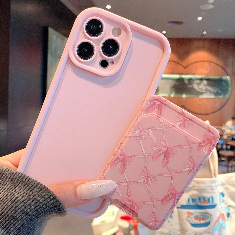Pink Bow Pattern Card Slot Pocket Phone Case For iPhone 17 Pro Max 16 15 14 13 12 11 Pro 7 8 Plus X XS Shockproof Silicone Cover