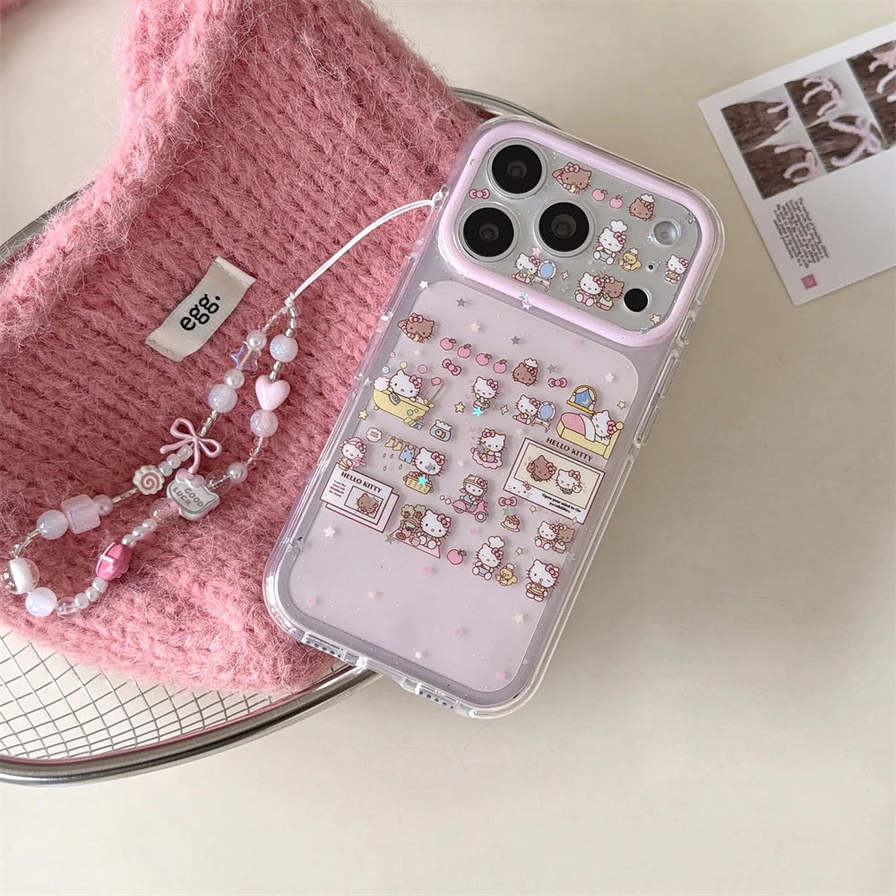 Cute Star Hellokitty Glitter Phone case for iPhone 17 Pro 15 Pro Max 16 Max 17 16 Fundas With Chain Korean Shockproof Cover Capa