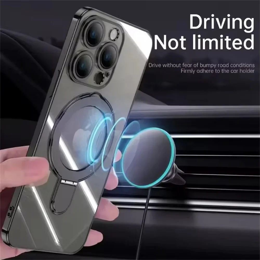 Luxury For Magsafe Bracket Case For iPhone 16 15 14 13 12 11 17 Pro Max 15 Plus Magnetic Ring Stand Holder Clear Acrylic Cover