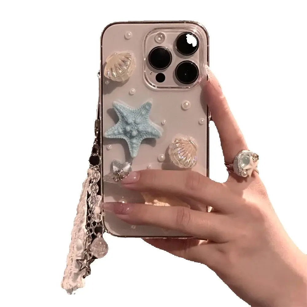 Cute Summer Seastar Shell Pattern Pendant Clear Phone Case For iPhone 16 15 14 13 12 11 Pro Max Plus 3D Cover Korea Girl Shell