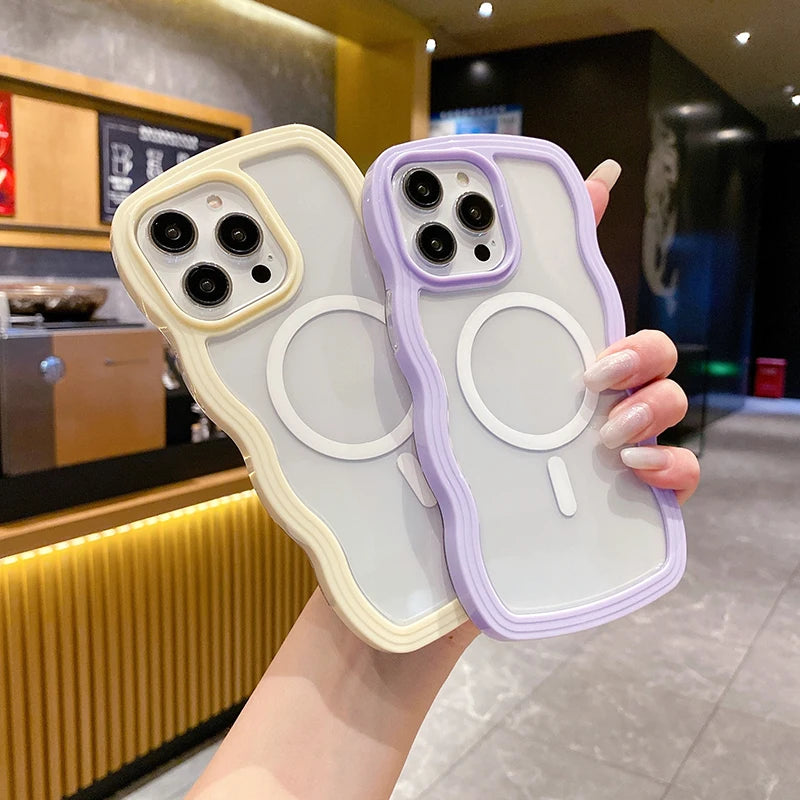 Cute Candy Color Transparent Wave Magnetic Case for iPhone 17 16 15 14 13 12 11 Pro Max for Magsafe Bumper Anti-fall Cover Case