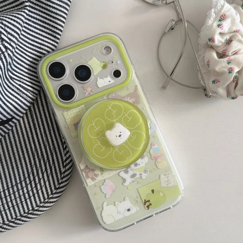 Korean Cute Puppy Magnetic Stand Phone Case For iPhone 17 Pro 14 15 16 Pro Max Cover with Magsafe Support Holder Kawaii Cases 17