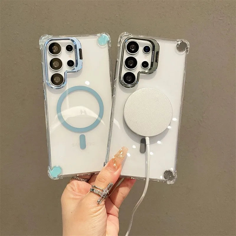 for Samsung Galaxy S26 Ultra S26 Plus Case Magnetic Crystal Clear Shockproof Air-cushion Cover Mag-safe Alloy Camera Stand Shell