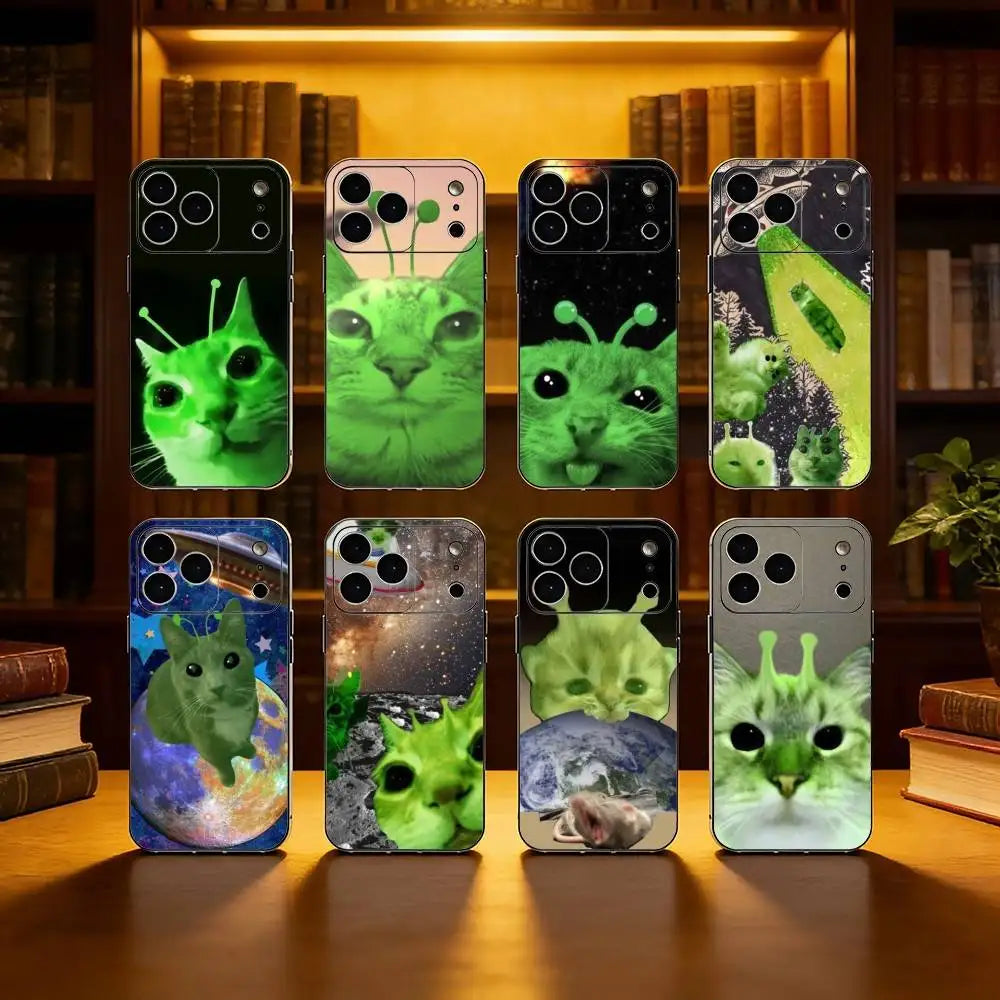 Alien Cat Cute Phone Case For iPhone 17,16,15,14,13,12,11 Plus,Pro Max, Soft Silicone Black Cover