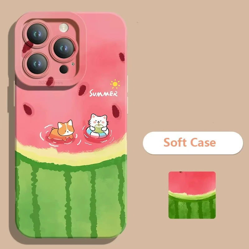 Summer Cool Watermelon Cat Phone Case For Samsung Galaxy A15 A35 A55 A54 A53 S25 Ultra S24 FE S23 Plus S22 S21 S20 FE Cover