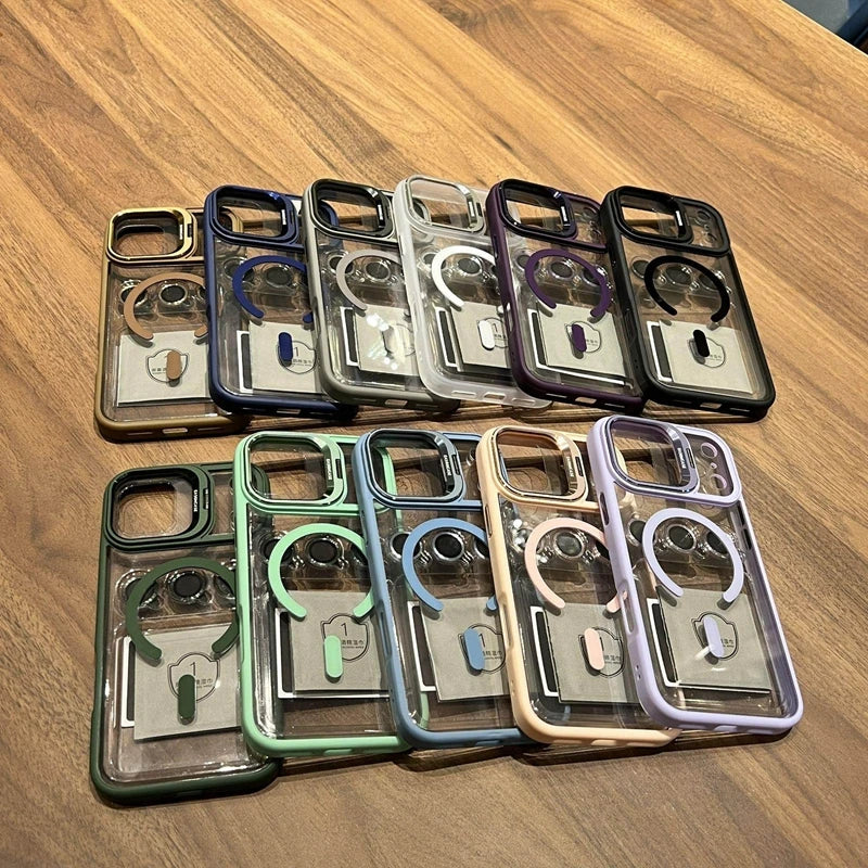 Luxury Magnetic Phone Case For iPhone 11 12 13 14 15 16 17 Pro Max Plus Air Magsafe Glass Lens Stand Protection Back Cases Cover