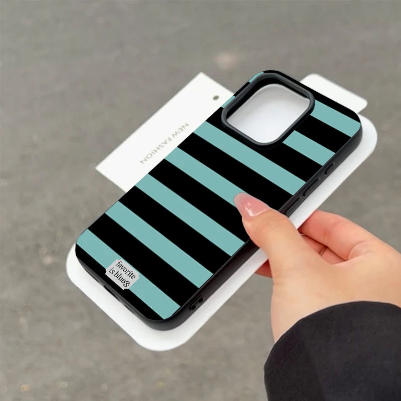 Korean Ins Green Black Striped Phone Case For iPhone 17Air 17 16 15 14 13 12 11 Pro Max 7 8 Plus Mini X XR XS Sweet Y2K Cover