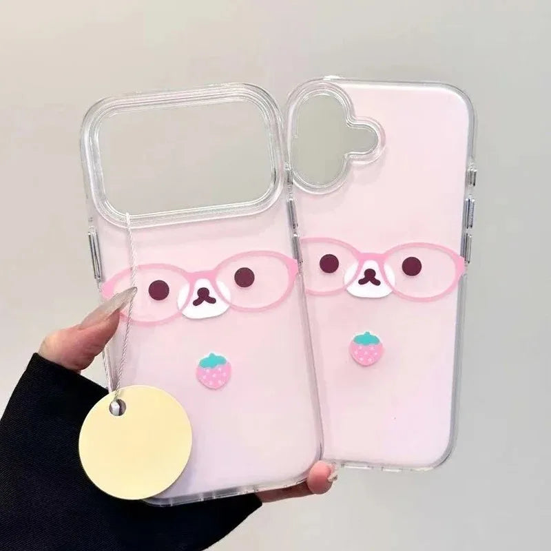 Cute Pink Strawberry Glasses Bear Phone Case For iPhone 11 12 13 14 15 16 17 Pro Max 16e 17 Air X XR XS 7 8 Plus Soft Back Cover