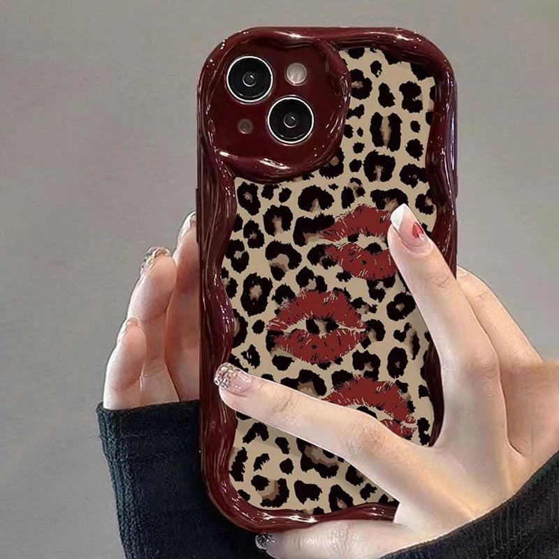 Cute Luxury Leopard Print Novelty Case For iPhone 17 16 15 14 13 12 11 Pro Max Plus 16e 17e Lip Painted Cartoon Wavy Soft Cover